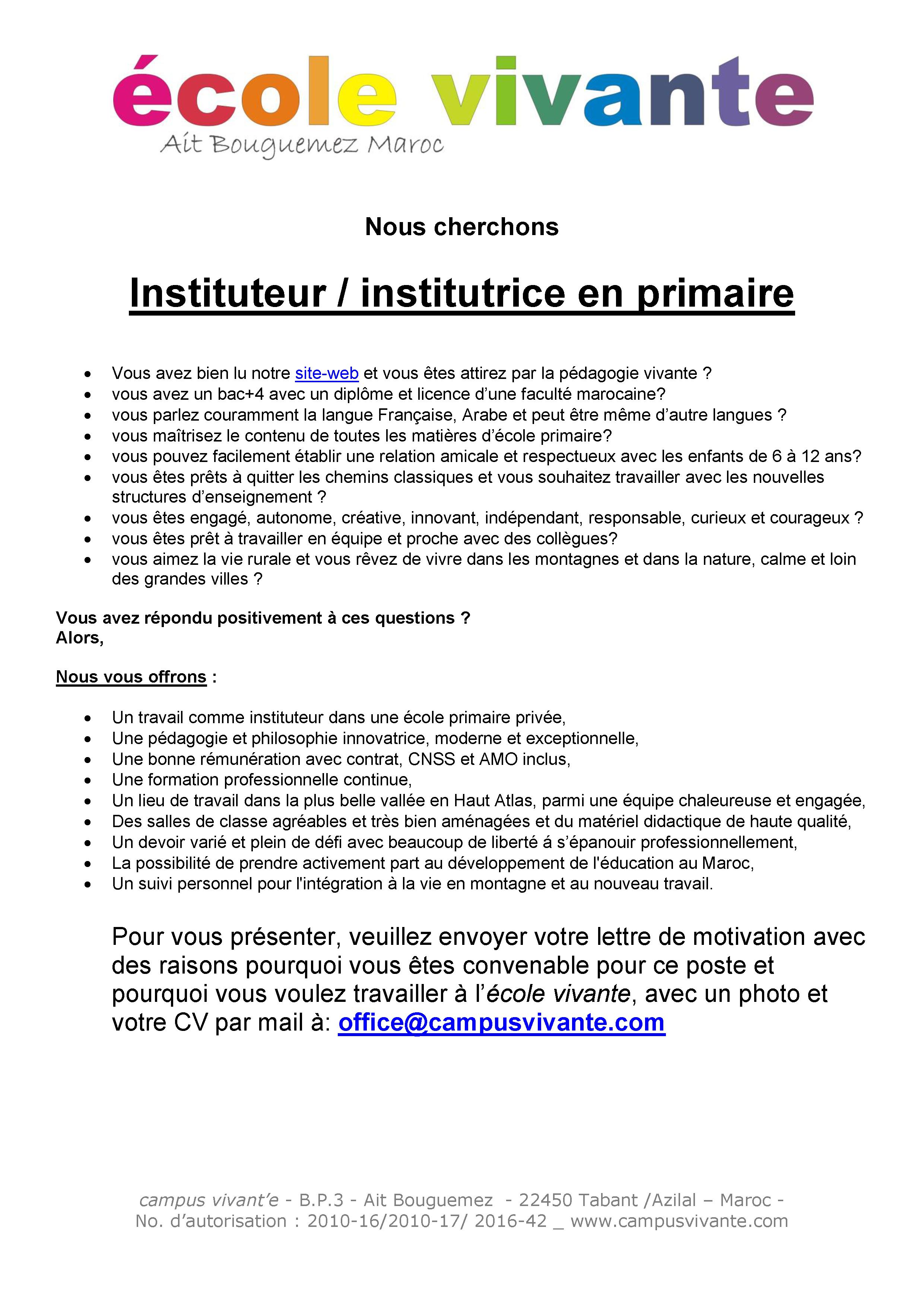 Nous cherchons: Instituteur / Institutrice
